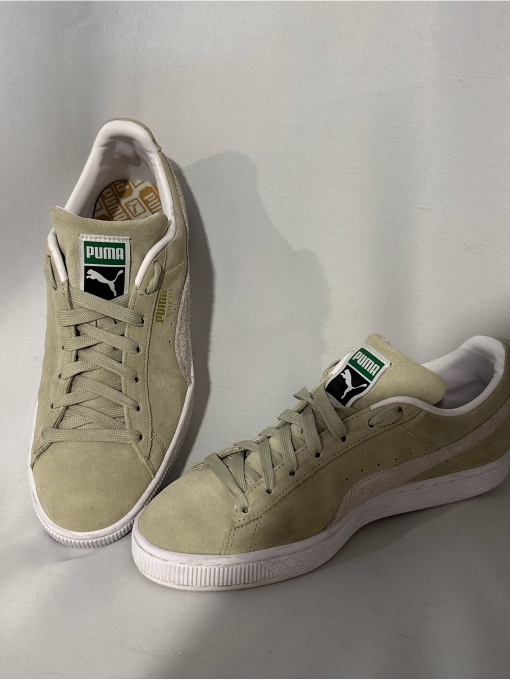 Puma Women’s Suede Sneakers in Light Olive and White